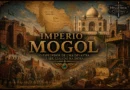 Capa ilustrada do Império Mogol mostrando o Taj Mahal, arquitetura mogol, mapa da Índia e elementos da corte imperial no estilo História em Cortes.