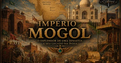 Capa ilustrada do Império Mogol mostrando o Taj Mahal, arquitetura mogol, mapa da Índia e elementos da corte imperial no estilo História em Cortes.