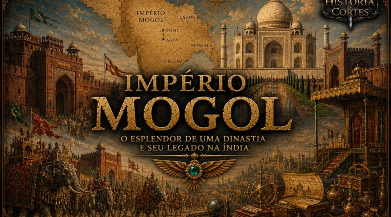 Capa ilustrada do Império Mogol mostrando o Taj Mahal, arquitetura mogol, mapa da Índia e elementos da corte imperial no estilo História em Cortes.