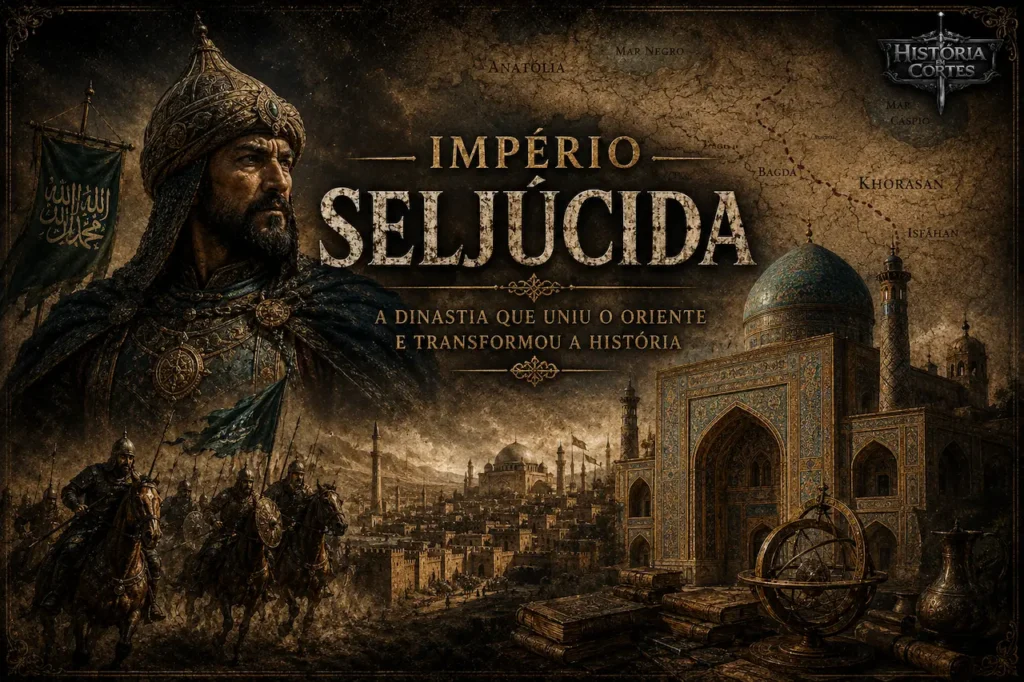 Ilustração do Império Seljúcida mostrando um sultão seljúcida em destaque, cavaleiros turcos, mapa do Oriente Médio medieval com Bagdá, Isfahan e Khorasan, além de arquitetura islâmica monumental, representando a expansão e o legado político e cultural da dinastia seljúcida.