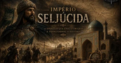 Ilustração do Império Seljúcida mostrando um sultão seljúcida em destaque, cavaleiros turcos, mapa do Oriente Médio medieval com Bagdá, Isfahan e Khorasan, além de arquitetura islâmica monumental, representando a expansão e o legado político e cultural da dinastia seljúcida.