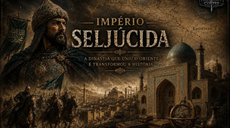 Ilustração do Império Seljúcida mostrando um sultão seljúcida em destaque, cavaleiros turcos, mapa do Oriente Médio medieval com Bagdá, Isfahan e Khorasan, além de arquitetura islâmica monumental, representando a expansão e o legado político e cultural da dinastia seljúcida.