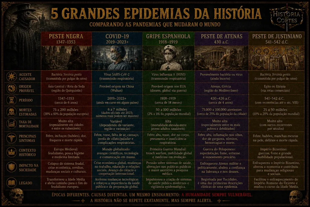 Infográfico comparando Peste Negra, COVID-19, Gripe Espanhola, Peste de Atenas e Peste de Justiniano, mostrando agente causador, origem, período, mortes estimadas, mortalidade, sintomas, contexto histórico, impactos e legado.