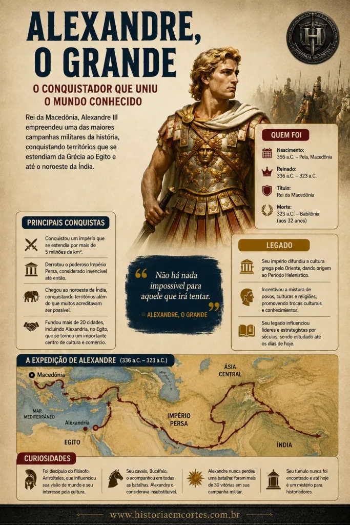 Conheça a trajetória de Alexandre, o Grande, suas principais conquistas, campanhas militares e o legado que transformou o mundo antigo em um infográfico completo.