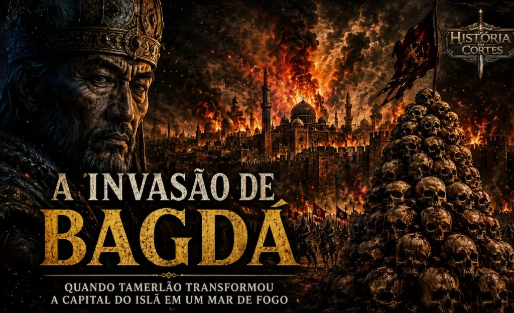 Tamerlão observa Bagdá em chamas durante a invasão de 1401, com torres de crânios simbolizando um dos episódios mais brutais da história medieval islâmica.