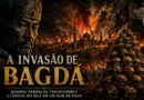 Tamerlão observa Bagdá em chamas durante a invasão de 1401, com torres de crânios simbolizando um dos episódios mais brutais da história medieval islâmica.