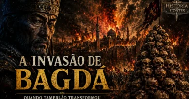 Tamerlão observa Bagdá em chamas durante a invasão de 1401, com torres de crânios simbolizando um dos episódios mais brutais da história medieval islâmica.