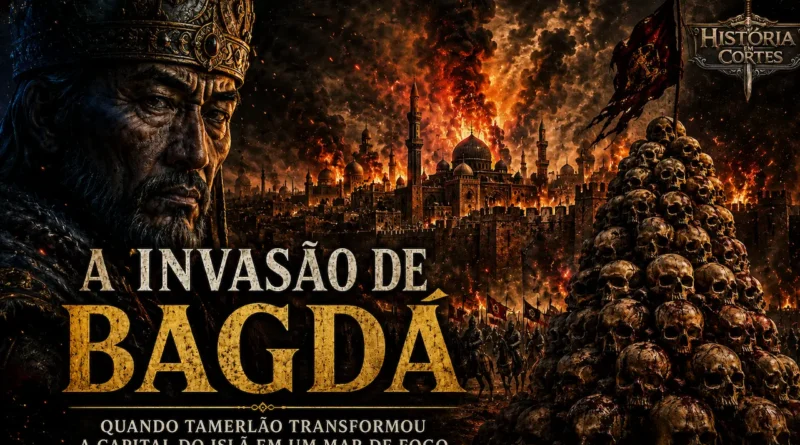 Tamerlão observa Bagdá em chamas durante a invasão de 1401, com torres de crânios simbolizando um dos episódios mais brutais da história medieval islâmica.