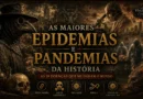 Ilustração das maiores epidemias e pandemias da história, reunindo a Peste Negra, Gripe Espanhola, HIV/AIDS, Ebola e COVID-19 em uma composição histórica com médico da peste e elementos da medicina moderna.