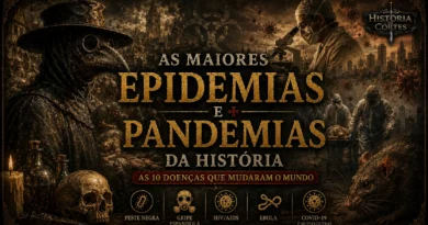 Ilustração das maiores epidemias e pandemias da história, reunindo a Peste Negra, Gripe Espanhola, HIV/AIDS, Ebola e COVID-19 em uma composição histórica com médico da peste e elementos da medicina moderna.