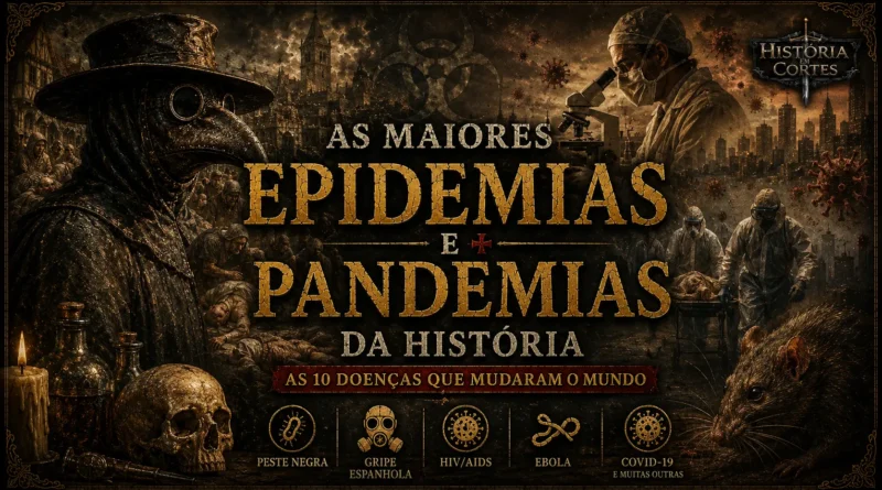 Ilustração das maiores epidemias e pandemias da história, reunindo a Peste Negra, Gripe Espanhola, HIV/AIDS, Ebola e COVID-19 em uma composição histórica com médico da peste e elementos da medicina moderna.