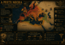 Mapa infográfico da Peste Negra mostrando a expansão da pandemia entre 1334 e 1353, as rotas comerciais, as regiões mais afetadas na Europa, Ásia e Norte da África, além de estimativas da população mundial e do número de mortos.