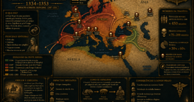 Mapa infográfico da Peste Negra mostrando a expansão da pandemia entre 1334 e 1353, as rotas comerciais, as regiões mais afetadas na Europa, Ásia e Norte da África, além de estimativas da população mundial e do número de mortos.