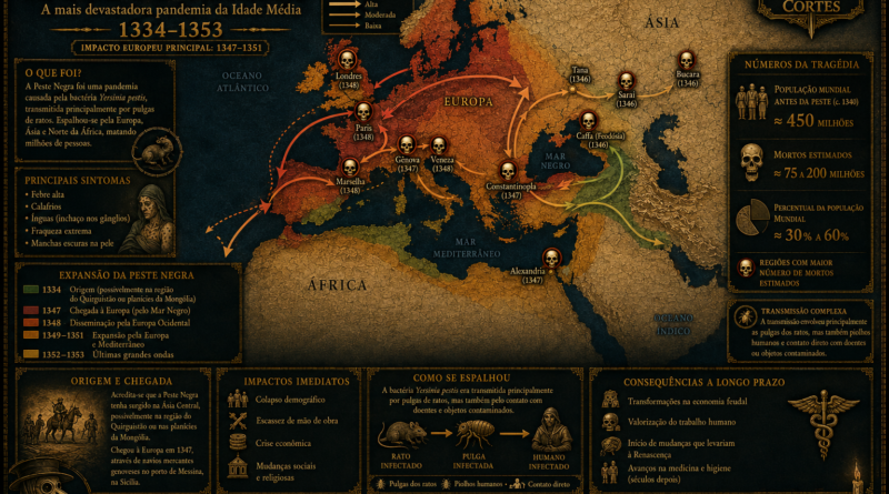 Mapa infográfico da Peste Negra mostrando a expansão da pandemia entre 1334 e 1353, as rotas comerciais, as regiões mais afetadas na Europa, Ásia e Norte da África, além de estimativas da população mundial e do número de mortos.