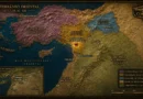 Mapa histórico mostrando a localização de Antioquia, atual Antakya na Turquia, entre os séculos XI e XII, com destaque para o Principado de Antioquia, o Império Bizantino, o Condado de Edessa, o Reino de Jerusalém e os territórios muçulmanos da Síria.