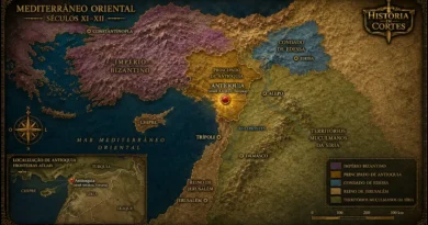 Mapa histórico mostrando a localização de Antioquia, atual Antakya na Turquia, entre os séculos XI e XII, com destaque para o Principado de Antioquia, o Império Bizantino, o Condado de Edessa, o Reino de Jerusalém e os territórios muçulmanos da Síria.
