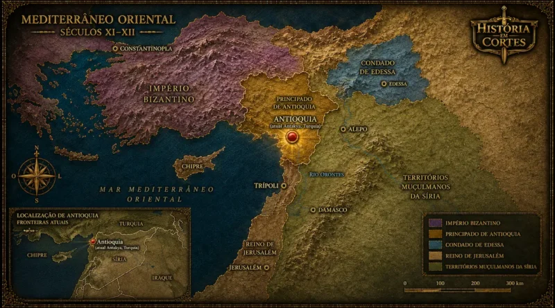 Mapa histórico mostrando a localização de Antioquia, atual Antakya na Turquia, entre os séculos XI e XII, com destaque para o Principado de Antioquia, o Império Bizantino, o Condado de Edessa, o Reino de Jerusalém e os territórios muçulmanos da Síria.