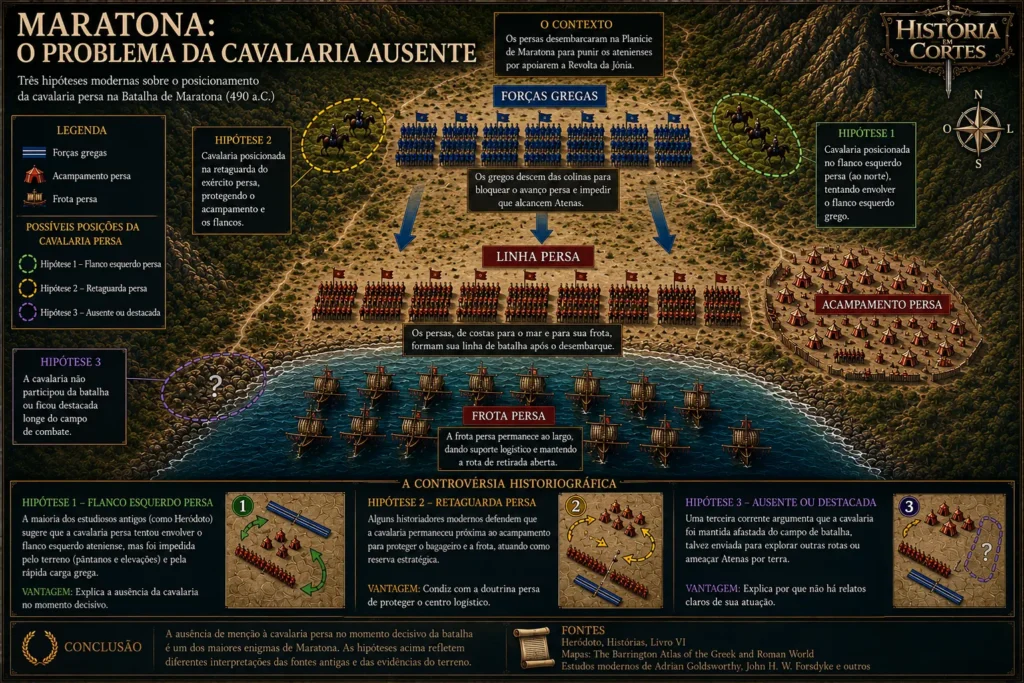 Mapa da Batalha de Maratona mostrando as principais hipóteses historiográficas sobre a localização da cavalaria persa durante o confronto entre persas e gregos em 490 a.C.