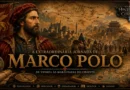 Marco Polo observando a Rota da Seda entre Veneza e a China, em ilustração histórica no estilo História em Cortes.