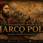 Marco Polo observando a Rota da Seda entre Veneza e a China, em ilustração histórica no estilo História em Cortes.