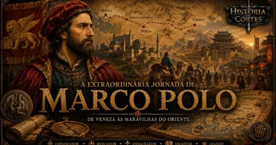 Marco Polo observando a Rota da Seda entre Veneza e a China, em ilustração histórica no estilo História em Cortes.