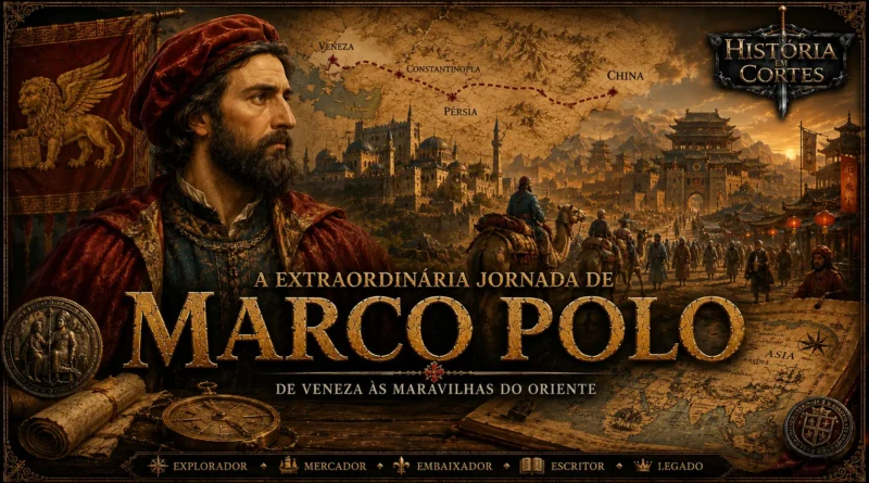 Marco Polo observando a Rota da Seda entre Veneza e a China, em ilustração histórica no estilo História em Cortes.