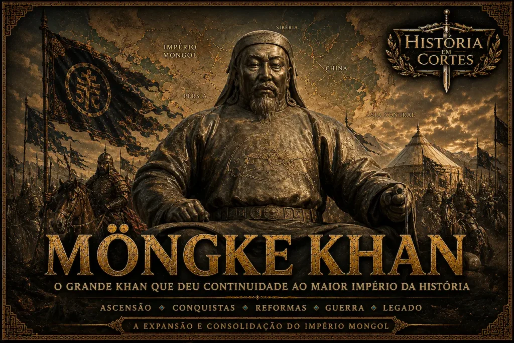 Ilustração histórica de Möngke Khan baseada na estátua do Grande Khan mongol, com exército mongol, estandartes e mapa do Império Mongol ao fundo.