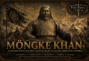 Ilustração histórica de Möngke Khan baseada na estátua do Grande Khan mongol, com exército mongol, estandartes e mapa do Império Mongol ao fundo.
