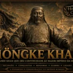 Ilustração histórica de Möngke Khan baseada na estátua do Grande Khan mongol, com exército mongol, estandartes e mapa do Império Mongol ao fundo.