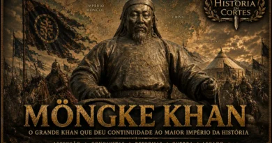 Ilustração histórica de Möngke Khan baseada na estátua do Grande Khan mongol, com exército mongol, estandartes e mapa do Império Mongol ao fundo.