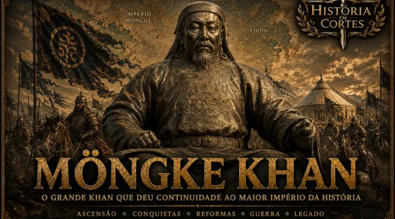 Ilustração histórica de Möngke Khan baseada na estátua do Grande Khan mongol, com exército mongol, estandartes e mapa do Império Mongol ao fundo.
