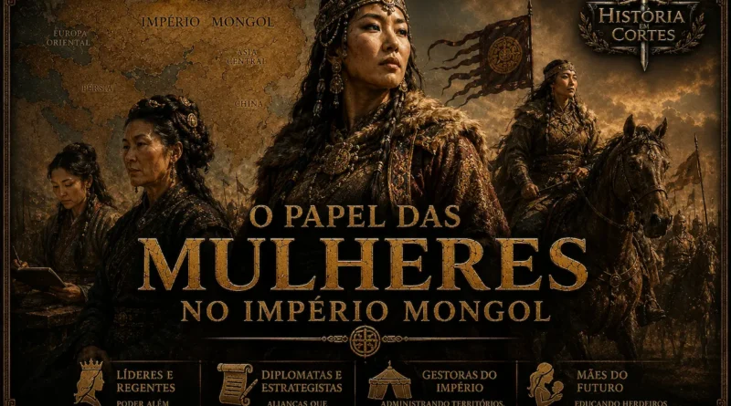 Ilustração histórica mostrando mulheres mongóis exercendo liderança política, diplomática e administrativa durante o Império Mongol.