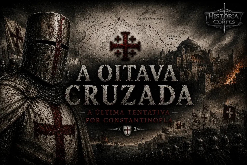 Capa ilustrada da Oitava Cruzada mostrando um cavaleiro cruzado em armadura templária, exércitos medievais, navios de guerra e uma cidade fortificada ao fundo, em estilo cinematográfico do História em Cortes.