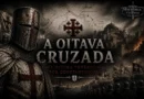 Capa ilustrada da Oitava Cruzada mostrando um cavaleiro cruzado em armadura templária, exércitos medievais, navios de guerra e uma cidade fortificada ao fundo, em estilo cinematográfico do História em Cortes.