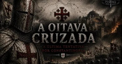 Capa ilustrada da Oitava Cruzada mostrando um cavaleiro cruzado em armadura templária, exércitos medievais, navios de guerra e uma cidade fortificada ao fundo, em estilo cinematográfico do História em Cortes.
