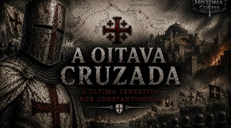 Capa ilustrada da Oitava Cruzada mostrando um cavaleiro cruzado em armadura templária, exércitos medievais, navios de guerra e uma cidade fortificada ao fundo, em estilo cinematográfico do História em Cortes.