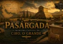 Reconstrução artística de Pasárgada, primeira capital do Império Persa fundada por Ciro, o Grande, com o Mausoléu de Ciro ao centro e mapa indicando sua localização.