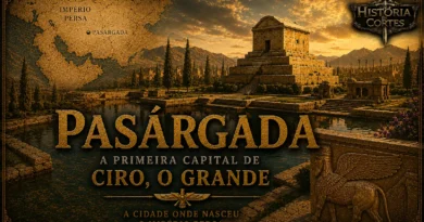 Reconstrução artística de Pasárgada, primeira capital do Império Persa fundada por Ciro, o Grande, com o Mausoléu de Ciro ao centro e mapa indicando sua localização.