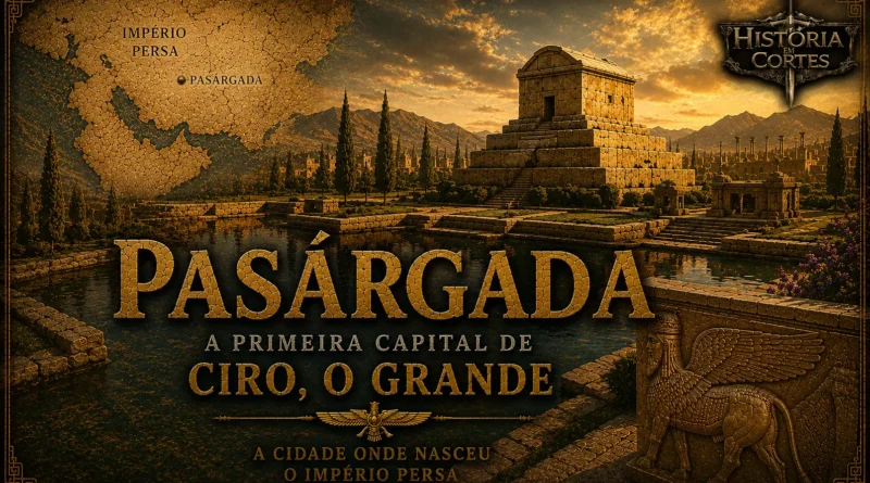Reconstrução artística de Pasárgada, primeira capital do Império Persa fundada por Ciro, o Grande, com o Mausoléu de Ciro ao centro e mapa indicando sua localização.