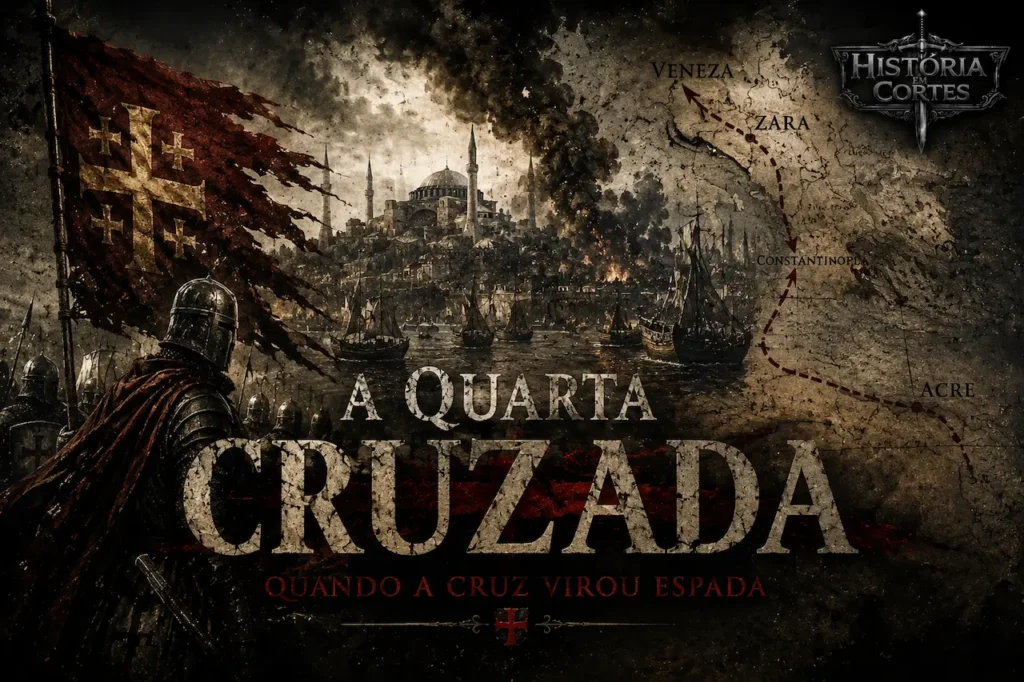 Ilustração histórica da Quarta Cruzada mostrando cruzados diante de Constantinopla em chamas, representando o saque da capital bizantina em 1204.
