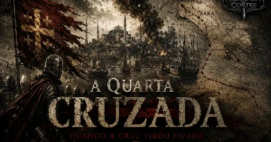 Ilustração histórica da Quarta Cruzada mostrando cruzados diante de Constantinopla em chamas, representando o saque da capital bizantina em 1204.