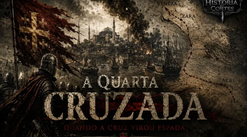 Ilustração histórica da Quarta Cruzada mostrando cruzados diante de Constantinopla em chamas, representando o saque da capital bizantina em 1204.