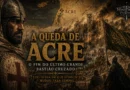Ilustração da Queda de Acre em 1291 mostrando um cavaleiro cruzado diante da cidade sitiada pelas forças mamelucas, representando o fim do último grande bastião cruzado na Terra Santa.