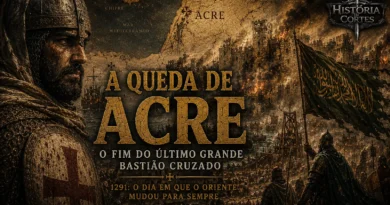 Ilustração da Queda de Acre em 1291 mostrando um cavaleiro cruzado diante da cidade sitiada pelas forças mamelucas, representando o fim do último grande bastião cruzado na Terra Santa.