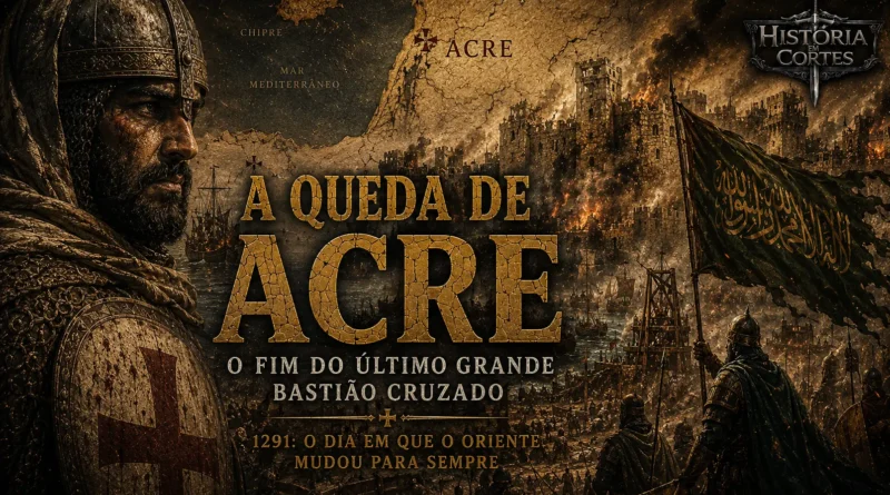Ilustração da Queda de Acre em 1291 mostrando um cavaleiro cruzado diante da cidade sitiada pelas forças mamelucas, representando o fim do último grande bastião cruzado na Terra Santa.