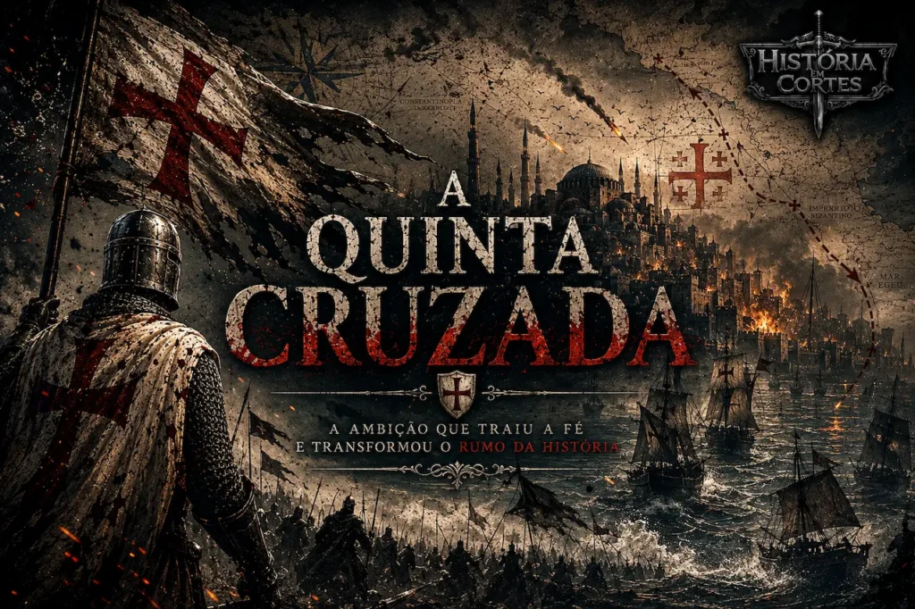Quinta Cruzada retratada em composição dramática mostrando navios cruzados rumo ao Egito, cidade sitiada e símbolos da cristandade medieval.
