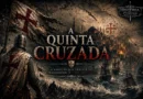 Quinta Cruzada retratada em composição dramática mostrando navios cruzados rumo ao Egito, cidade sitiada e símbolos da cristandade medieval.