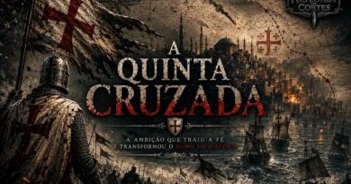 Quinta Cruzada retratada em composição dramática mostrando navios cruzados rumo ao Egito, cidade sitiada e símbolos da cristandade medieval.