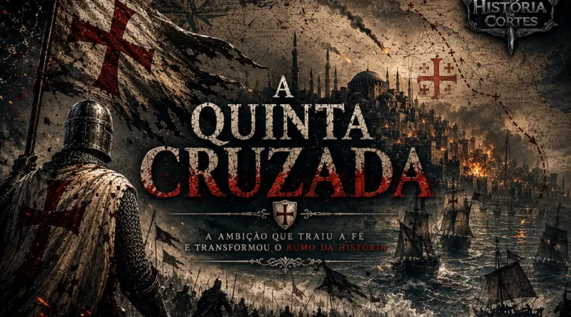 Quinta Cruzada retratada em composição dramática mostrando navios cruzados rumo ao Egito, cidade sitiada e símbolos da cristandade medieval.