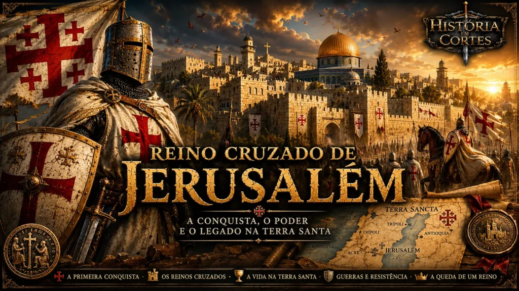 Capa ilustrada do Reino Cruzado de Jerusalém mostrando cavaleiros cruzados diante das muralhas da cidade santa durante o período das Cruzadas.